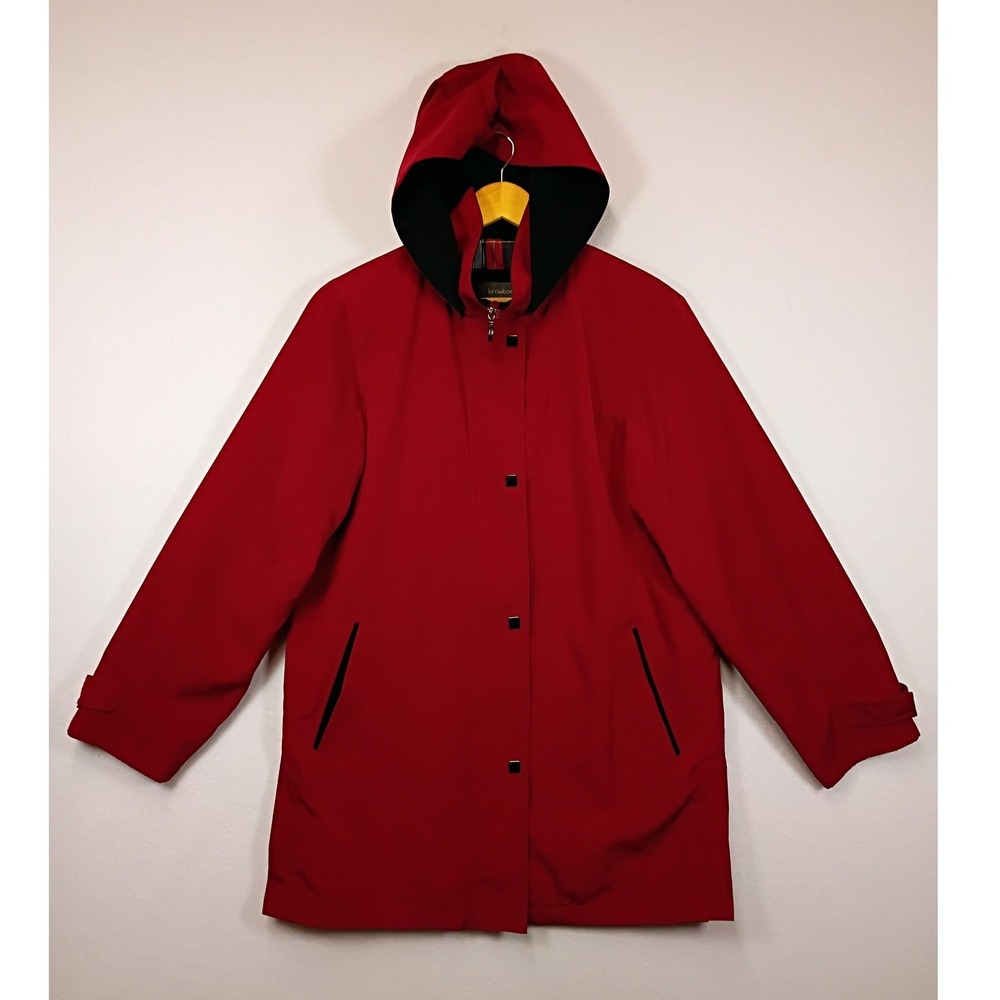 Classic Liz Claiborne Women Medium Red Hooded Rain Jacket Zip Snap Utility Coat